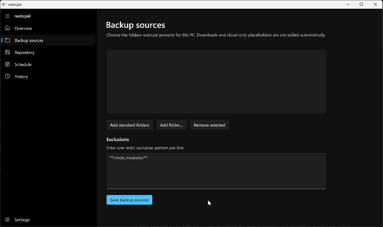 The resticpal backup sources page, with folder controls and restic exclusion patterns