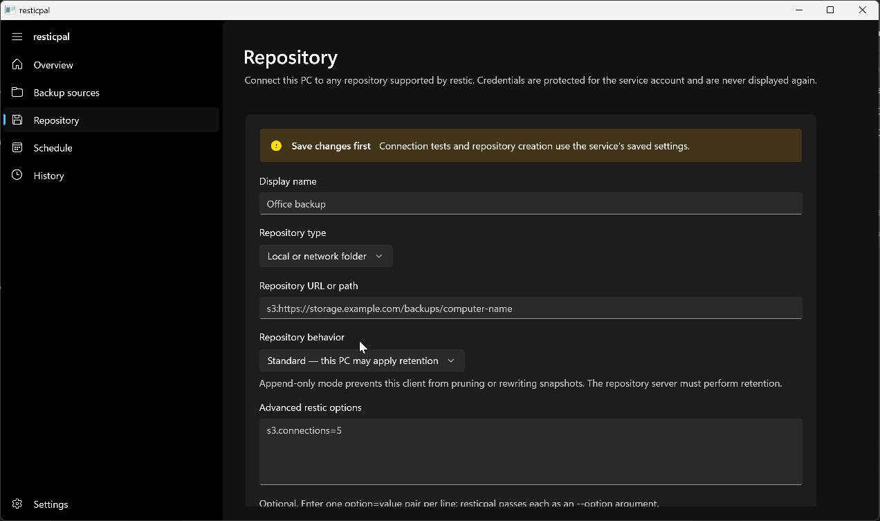 The resticpal repository page, with backend, append-only, credential and advanced option controls